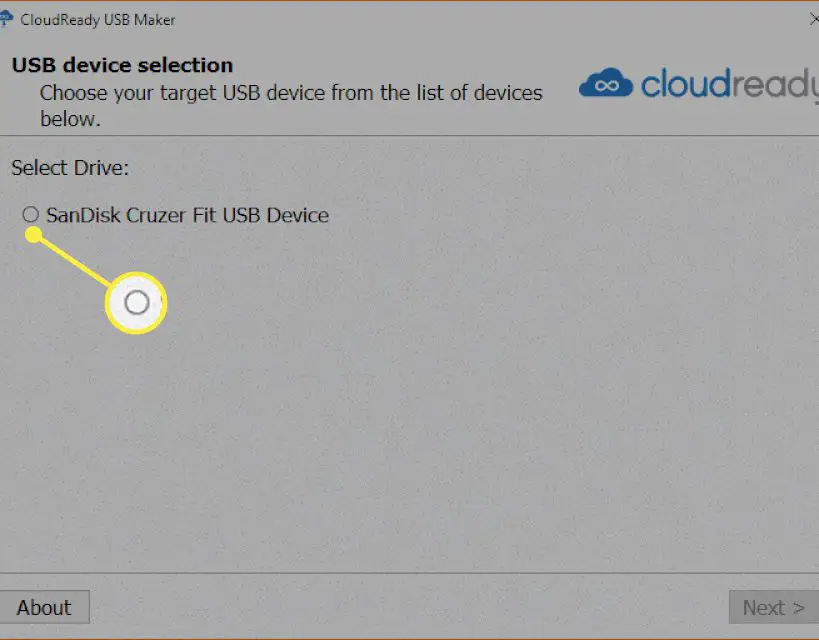 A tela de seleção do dispositivo USB do instalador Cloudready