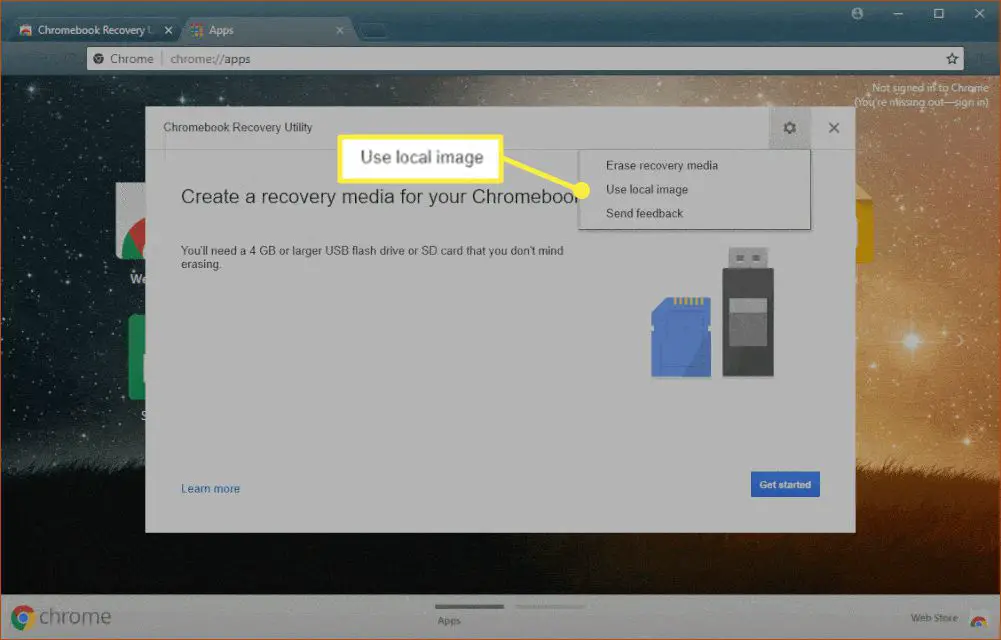 O aplicativo Utilitário de recuperação do Chromebook com 