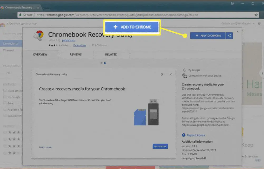 O Utilitário de recuperação do Chromebook na Google Play Store.  'Adicionar ao Chrome' é destacado.