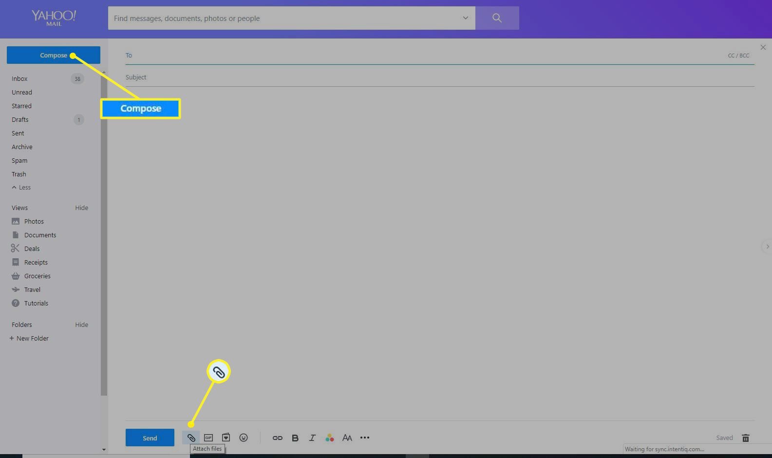Ícone de anexar arquivos na janela de nova mensagem do Yahoo Mail