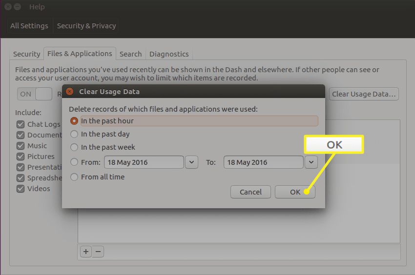 Limpar opções de dados de uso no Ubuntu Dash