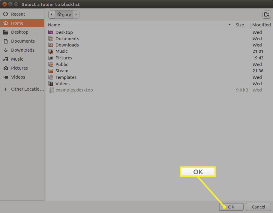 Lista de pastas do Ubuntu Dash com OK destacado