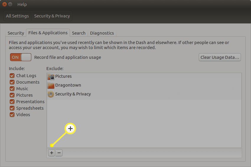 A tela Arquivos e aplicativos do Ubuntu Dash com o sinal de mais destacado