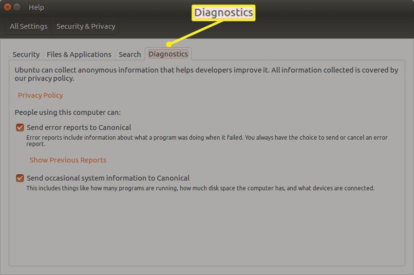 A guia Diagnóstico na guia Diagnóstico no Ubuntu Security & Privacy