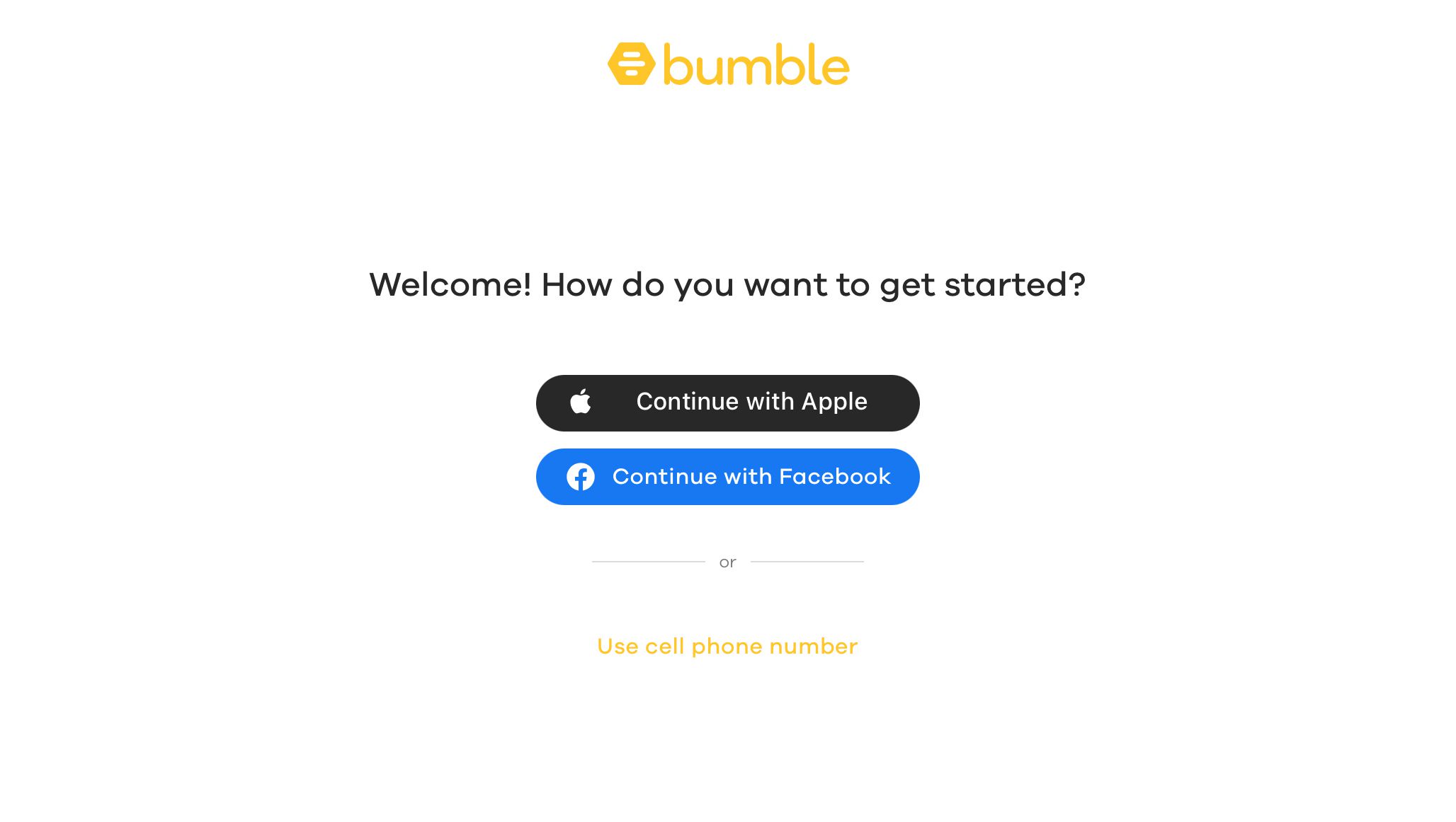 Tela de login do Bumble mostrando três métodos para abrir uma conta