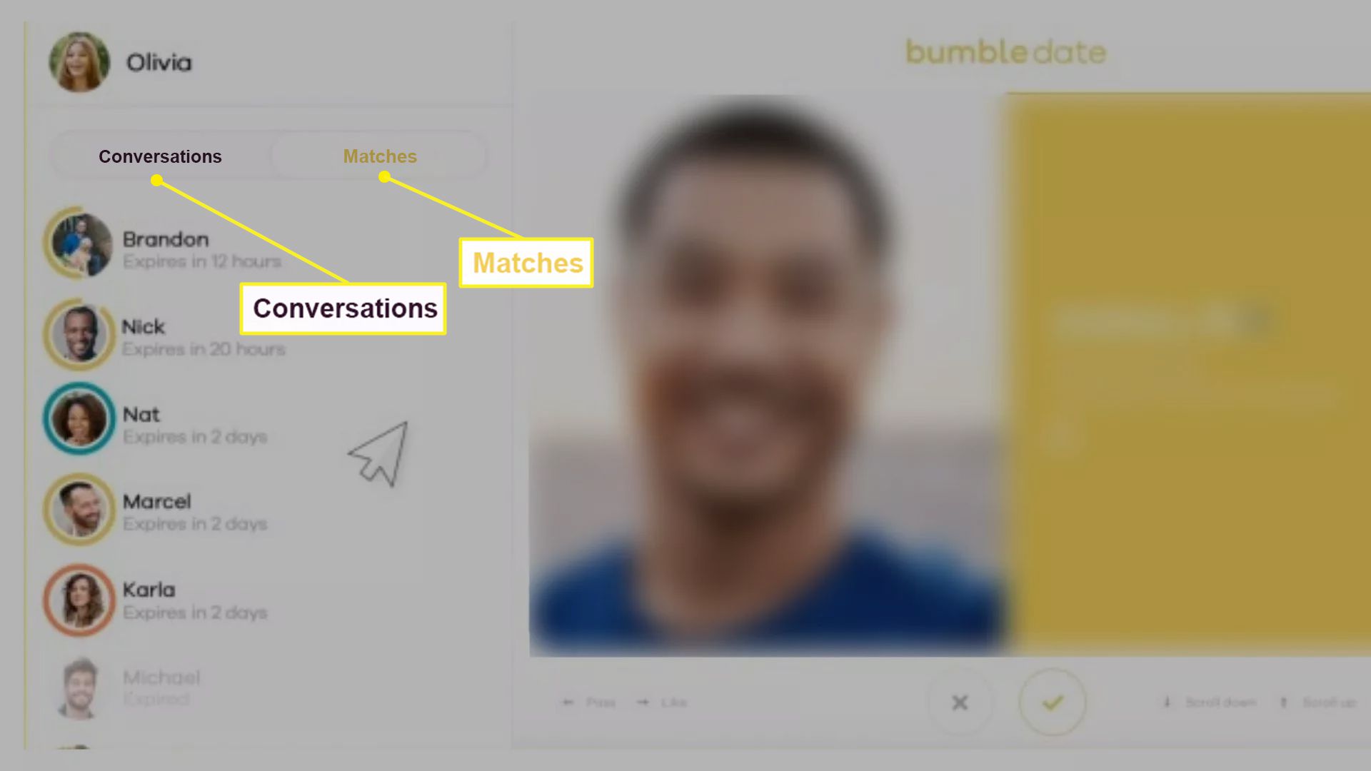 Tela Bumble Match mostrando a guia Conversas e a guia Combinações