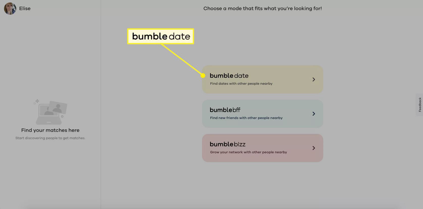 Bumble.com mostrando as opções BumbleDate, BumbleBFF e BumbleBizz