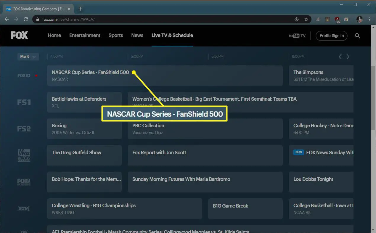 Guia de tv Fox.com com evento NASCAR em destaque