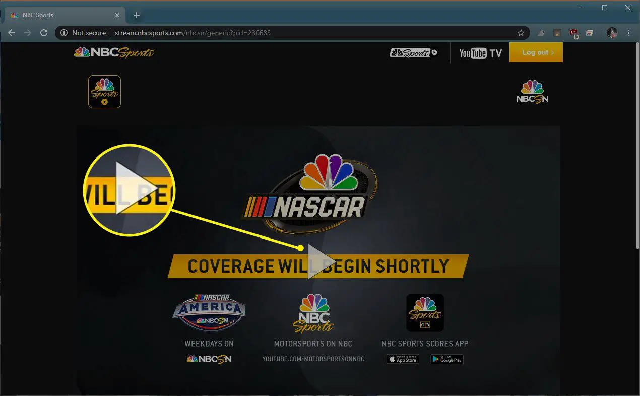 NBCSports.com com o botão de reprodução destacado
