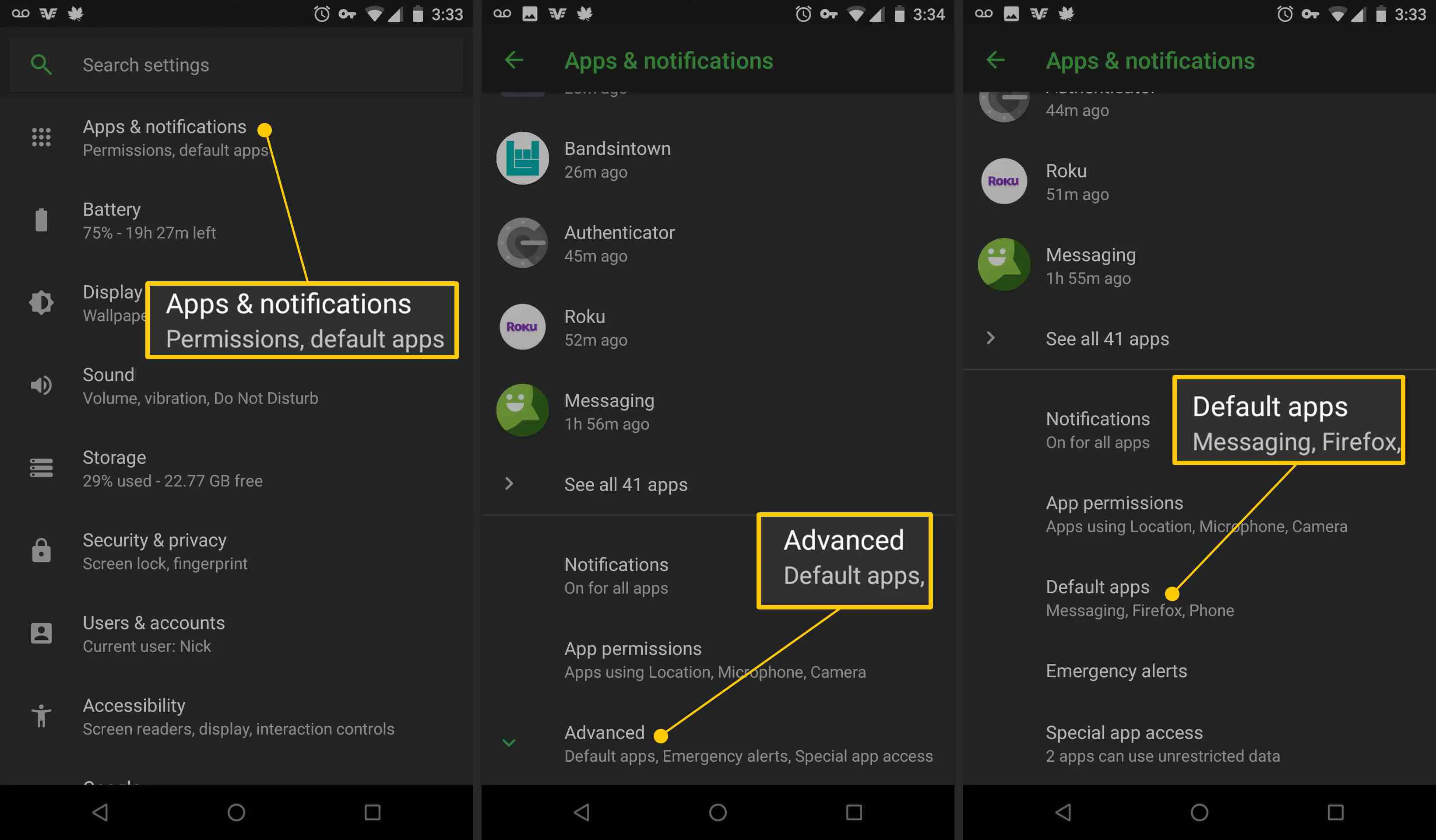 Aplicativos e notificações, avançado, aplicativos padrão nas configurações do Android