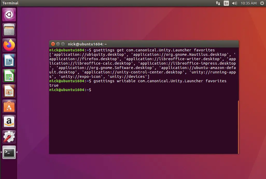 Favoritos do Ubuntu gsettings