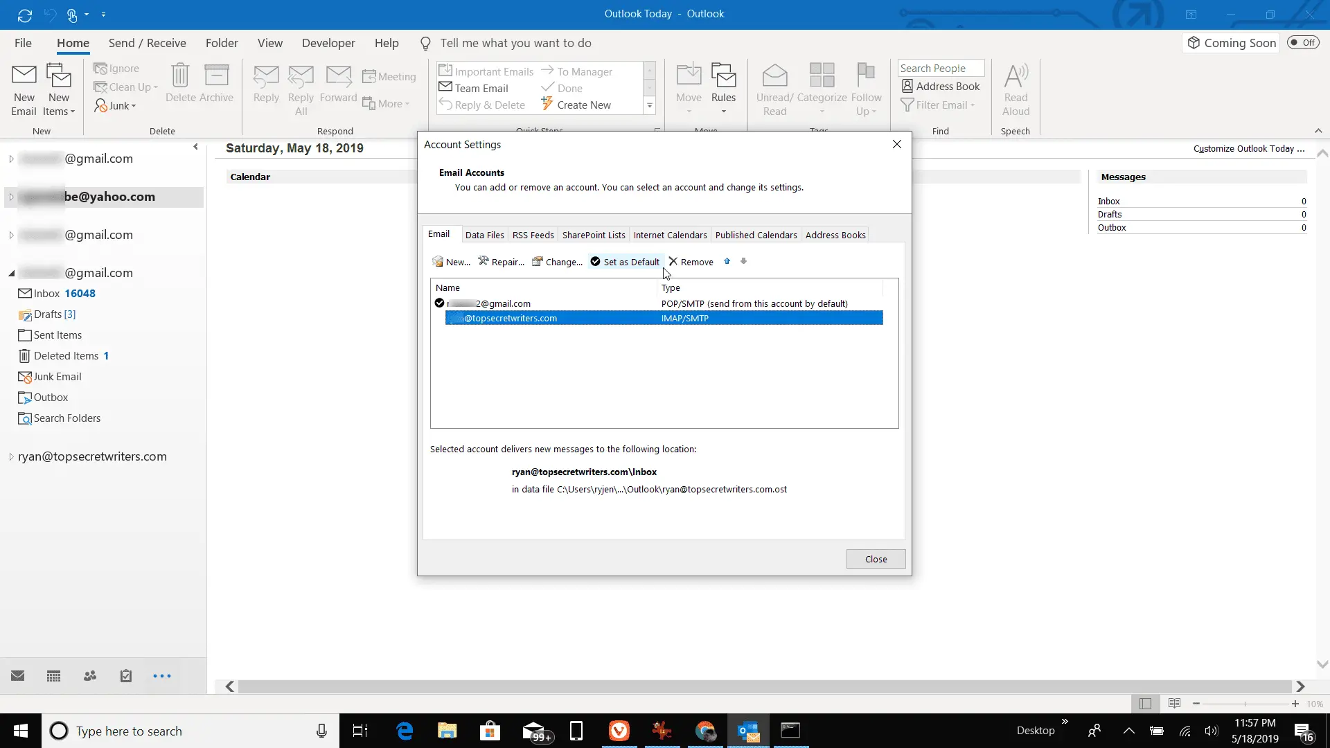 Captura de tela da configuração da conta de envio padrão no Outlook