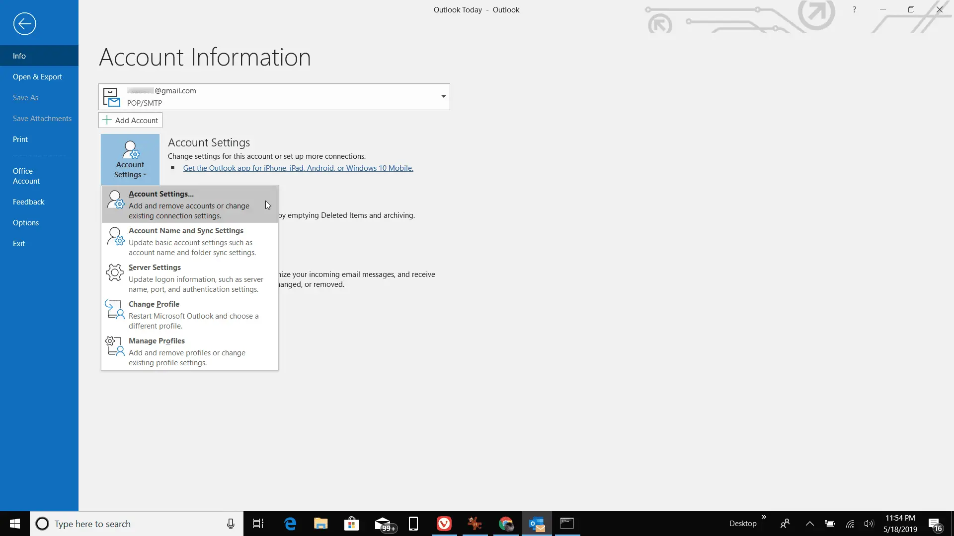 Captura de tela de seleção de configurações de conta no Outlook