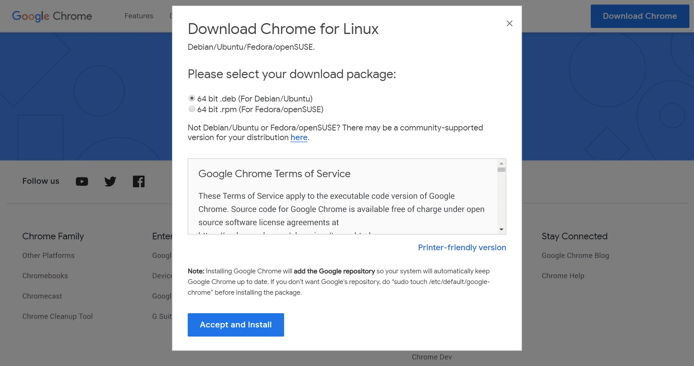 Tela de download do Google Chrome para Linux.