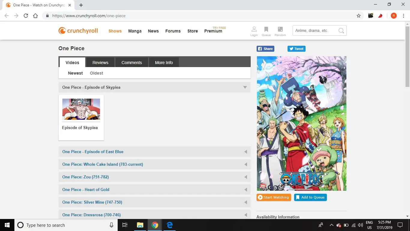 Assista episódios de One Piece gratuitamente online no Crunchy Roll.