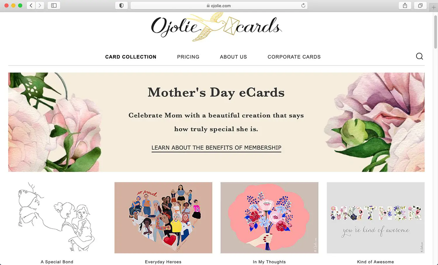 Site de cartão eletrônico Ojolie para o Dia das Mães e outros feriados