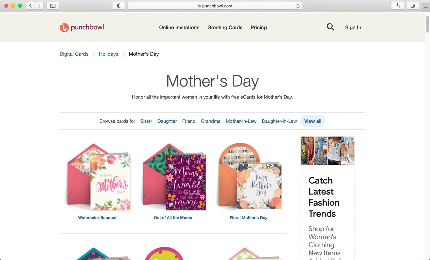 Site de cartão eletrônico gratuito Punchbowl para o Dia das Mães e outros feriados