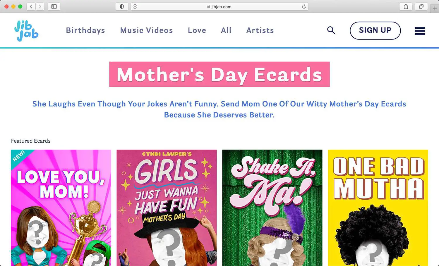 Site do cartão eletrônico de vídeo da JibJab para o Dia das Mães e mais