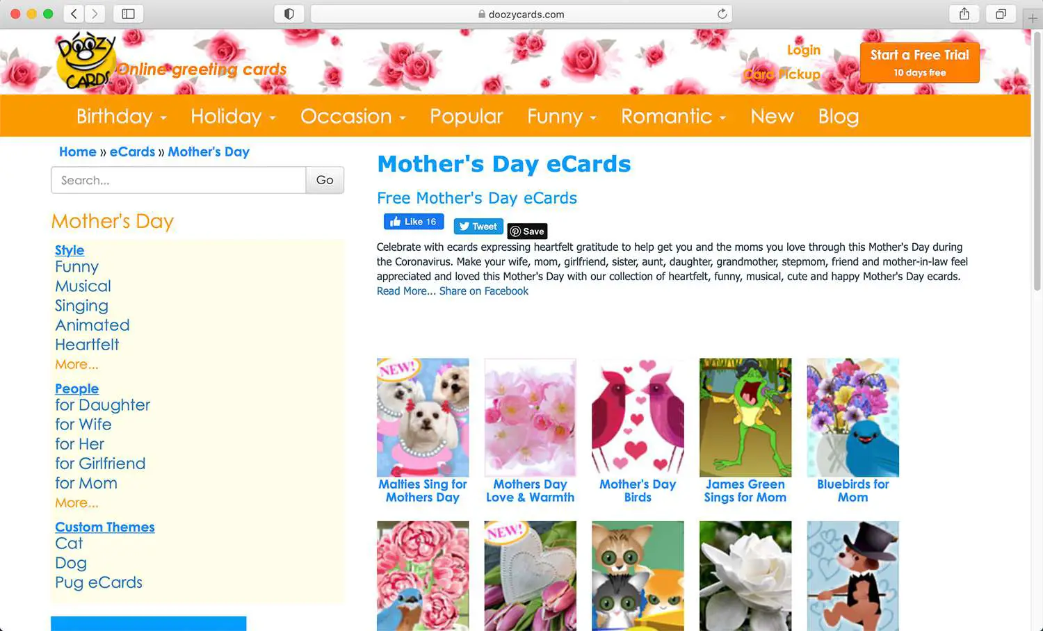 Site do cartão eletrônico Doozy Cards para o dia das mães e outros feriados