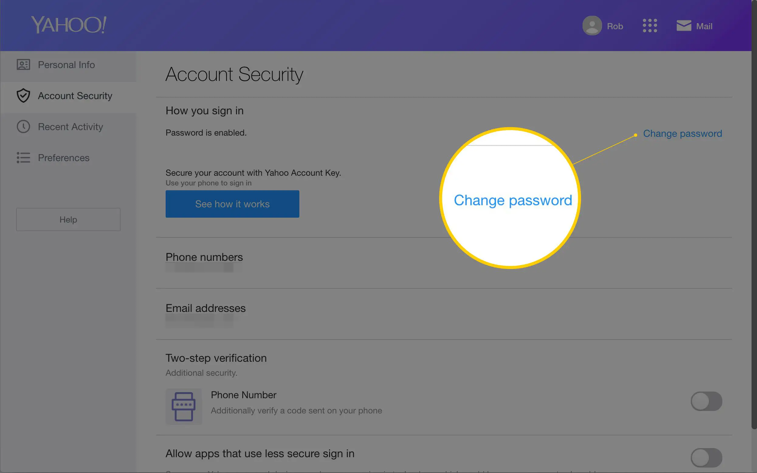 Link para alterar a senha na página Segurança da conta do Yahoo Mail