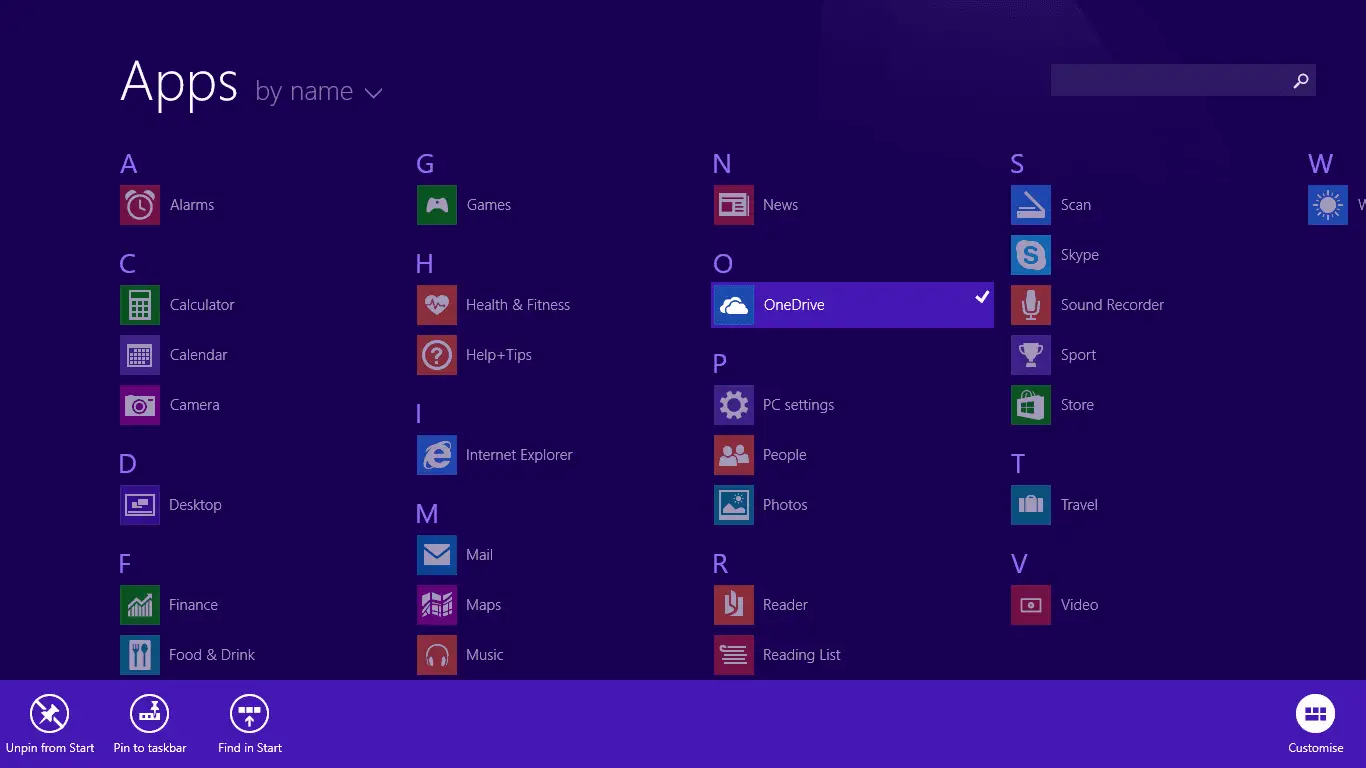 Captura de tela da lista de aplicativos do Windows RT 8.1 mostrando opções de personalização