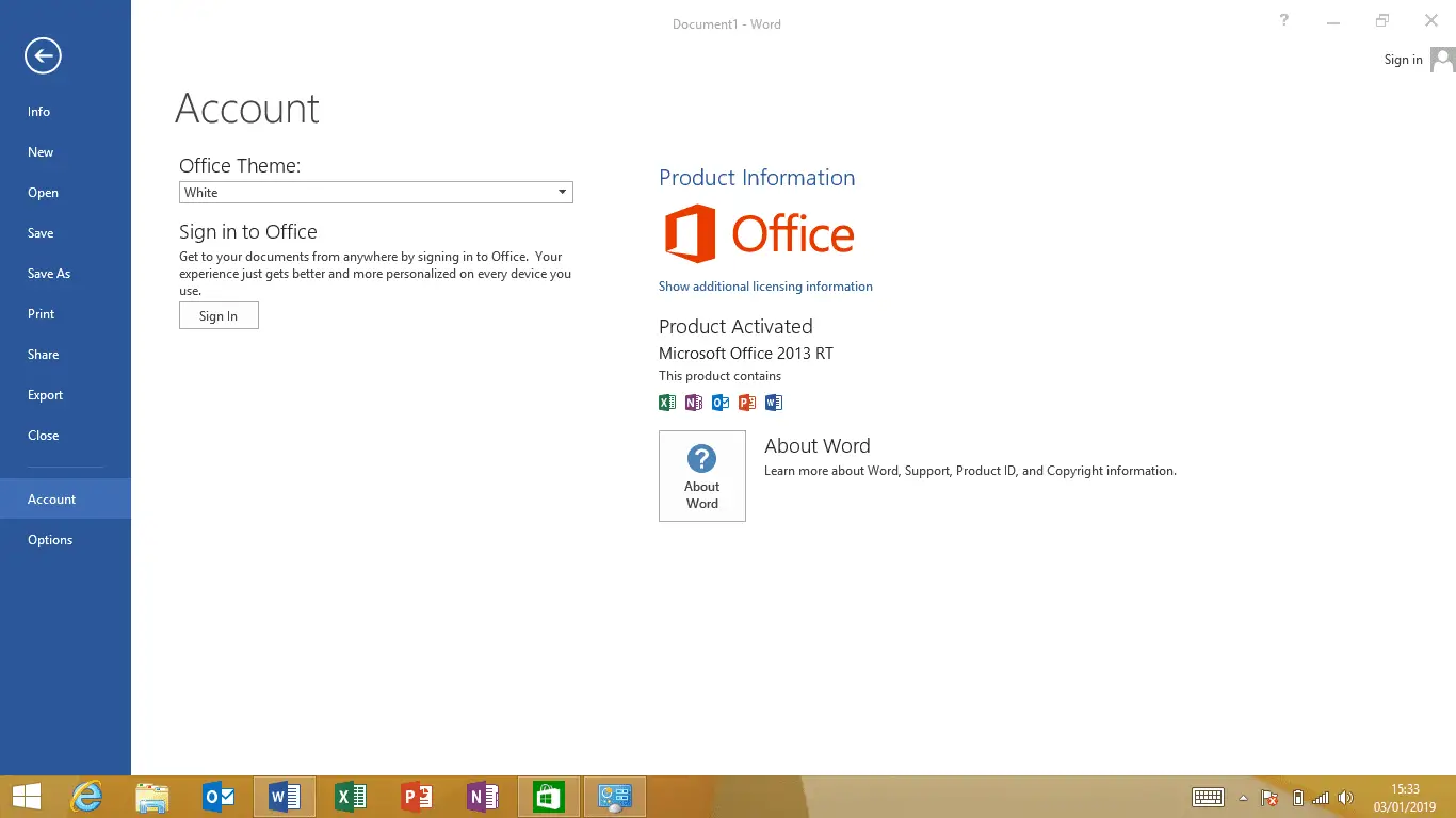 Captura de tela da tela de informações do produto Word RT no Windows RT 8.1