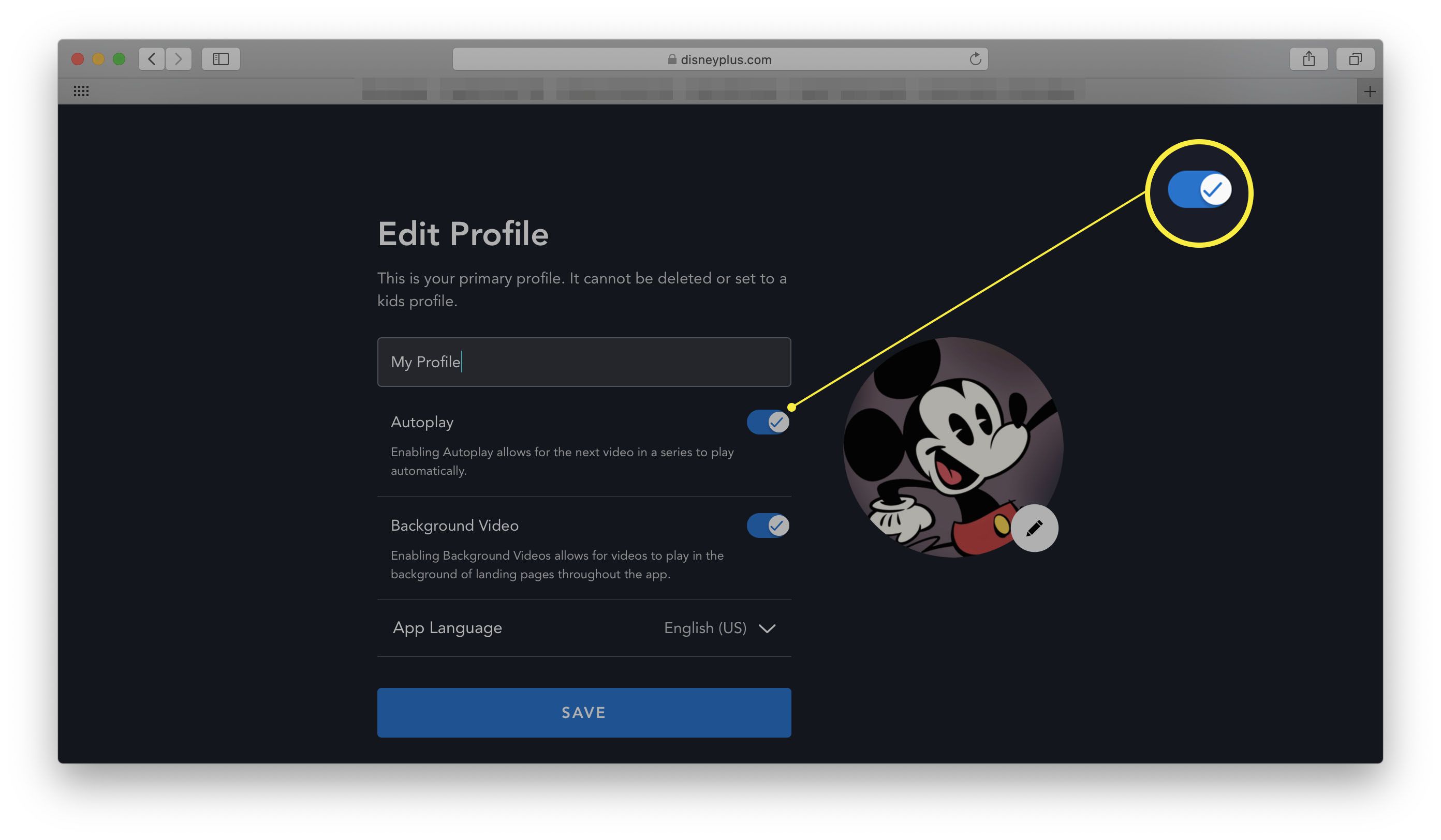 Disney + em um navegador da web com a opção Autoplay destacada