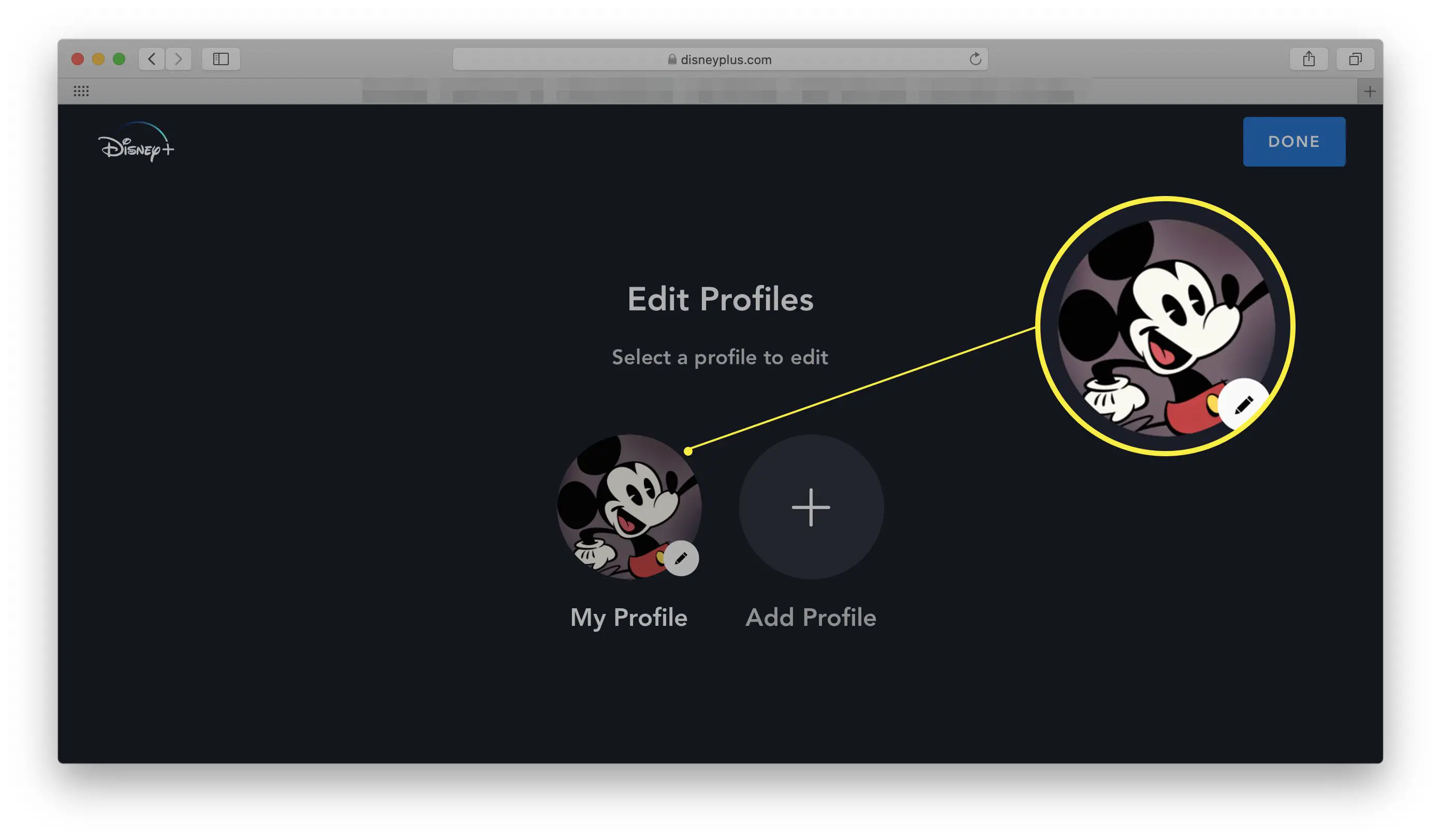 Disney + por meio de um navegador da web com Meu perfil destacado