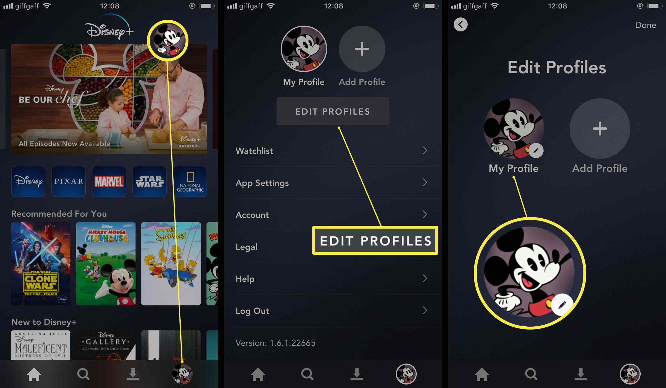Disney + app com as etapas para editar seu perfil destacadas