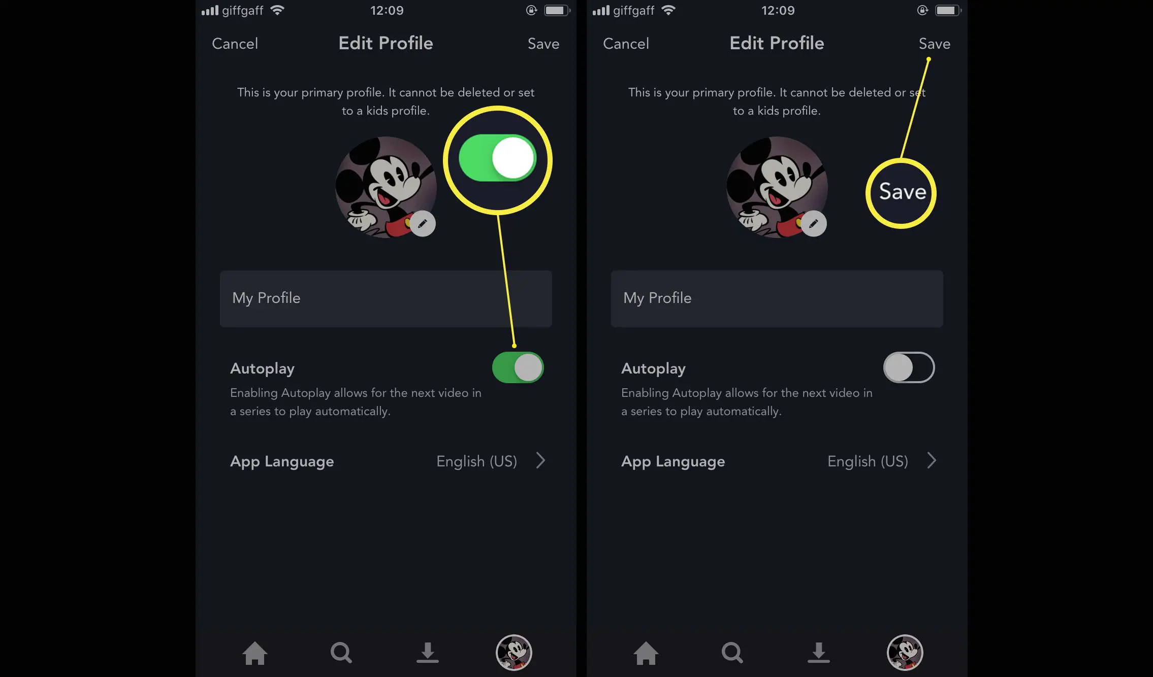 Disney + app com configurações de reprodução automática em um perfil destacado