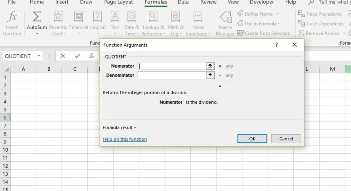 Modalidade da função QUOTIENT do Excel