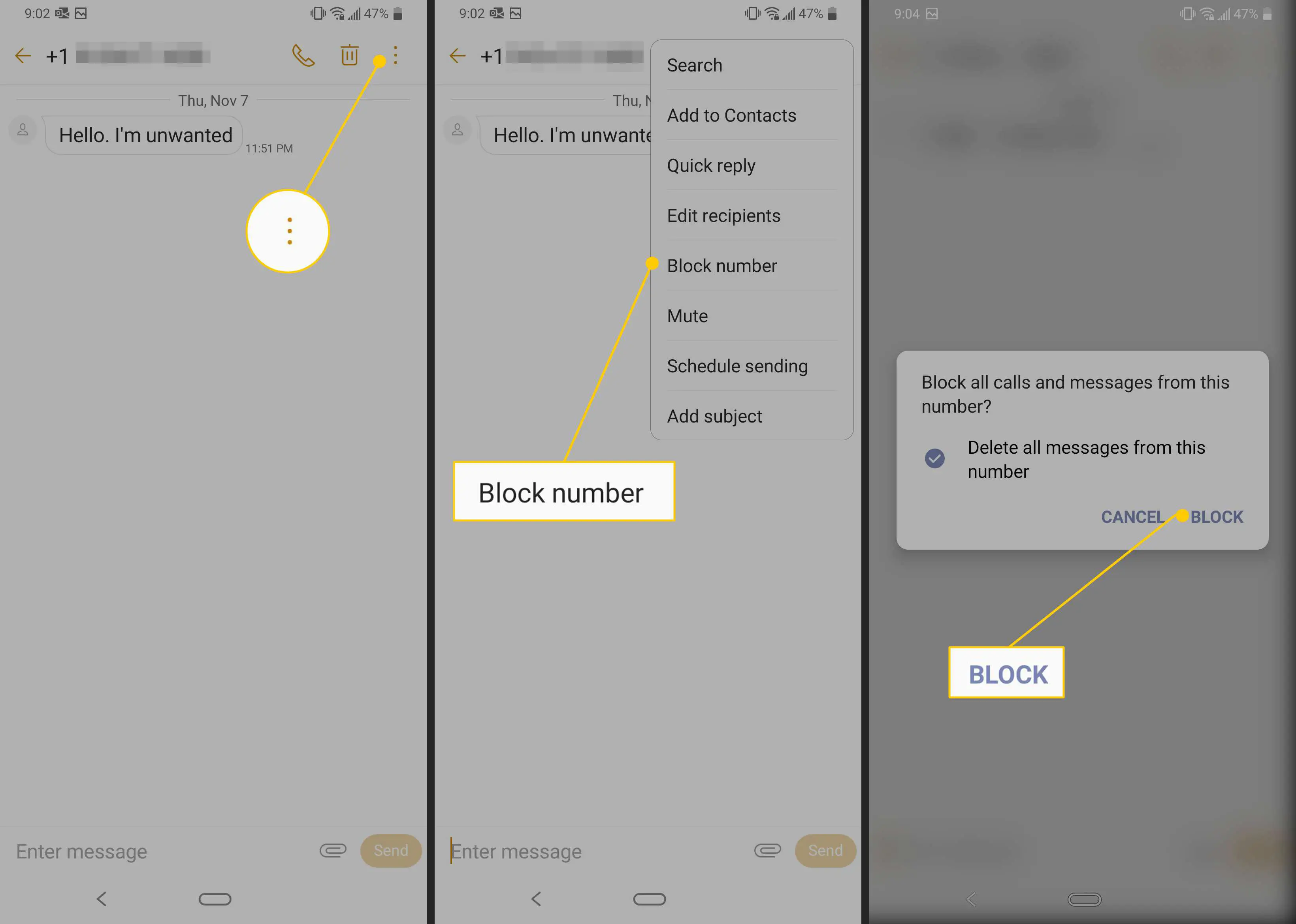Botão de menu, número de bloqueio e botão de confirmação de bloqueio no telefone LG