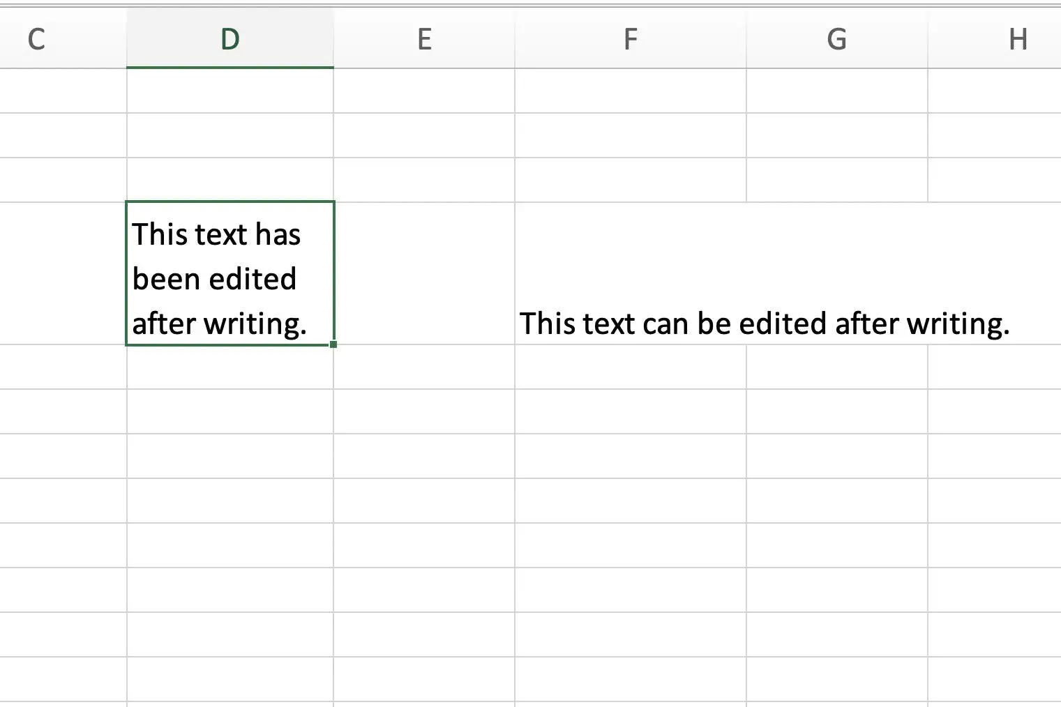 Captura de tela do Excel mostrando o texto editado após a escrita