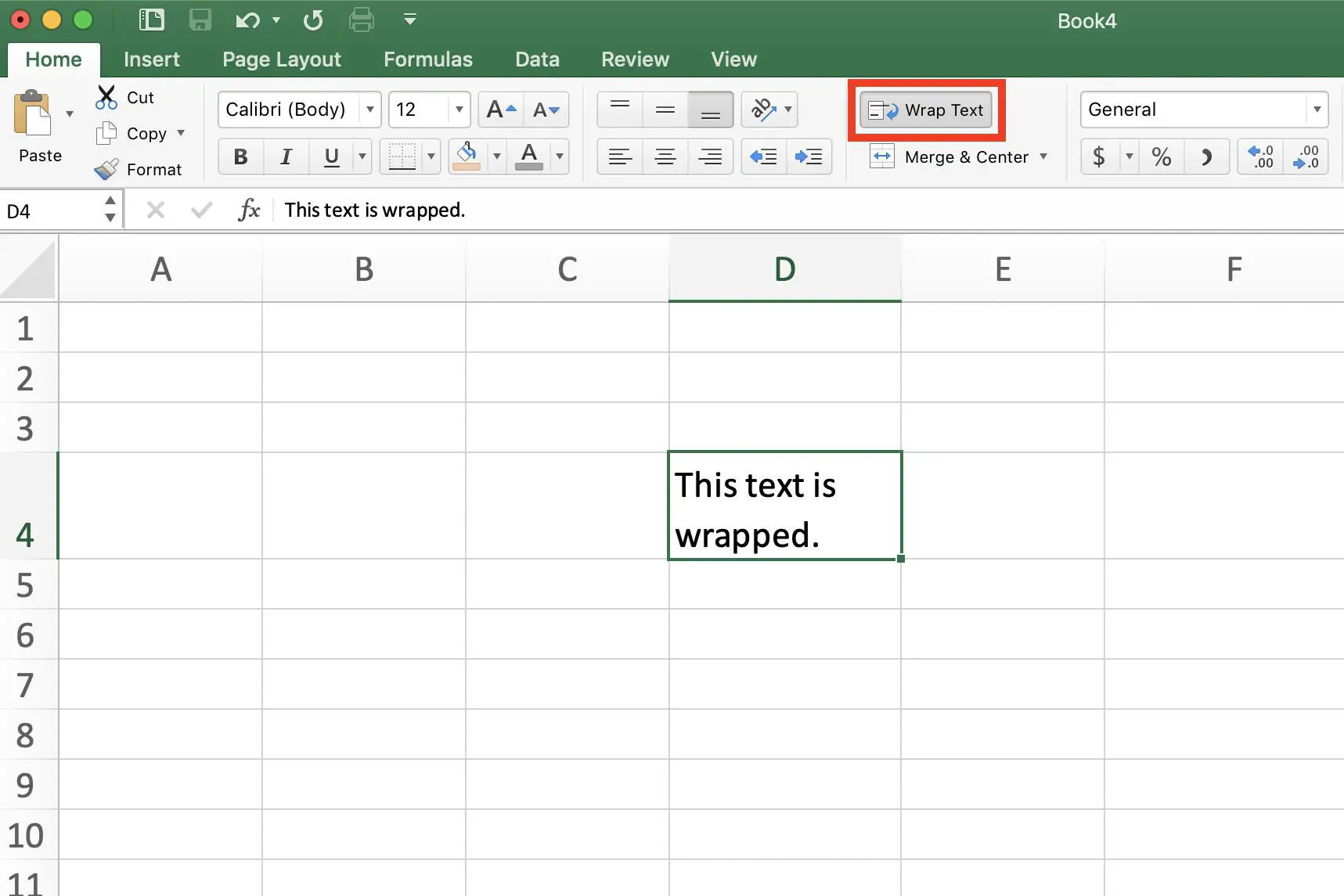 Captura de tela do Excel mostrando texto em quebra na barra da faixa de opções