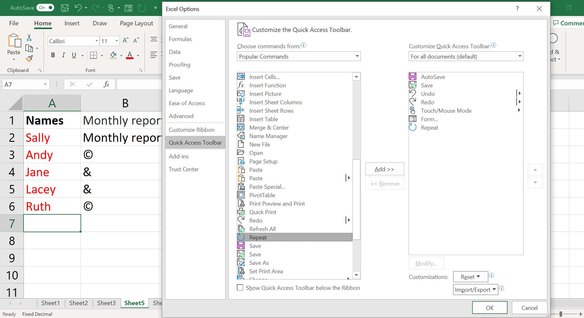 Uma captura de tela da caixa de diálogo Opções do Excel para personalizar a Barra de Ferramentas de Acesso Rápido.