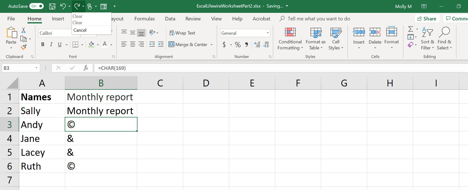 Uma captura de tela do botão Refazer do Excel com um menu suspenso mostrando todas as ações que podem ser refeitas.
