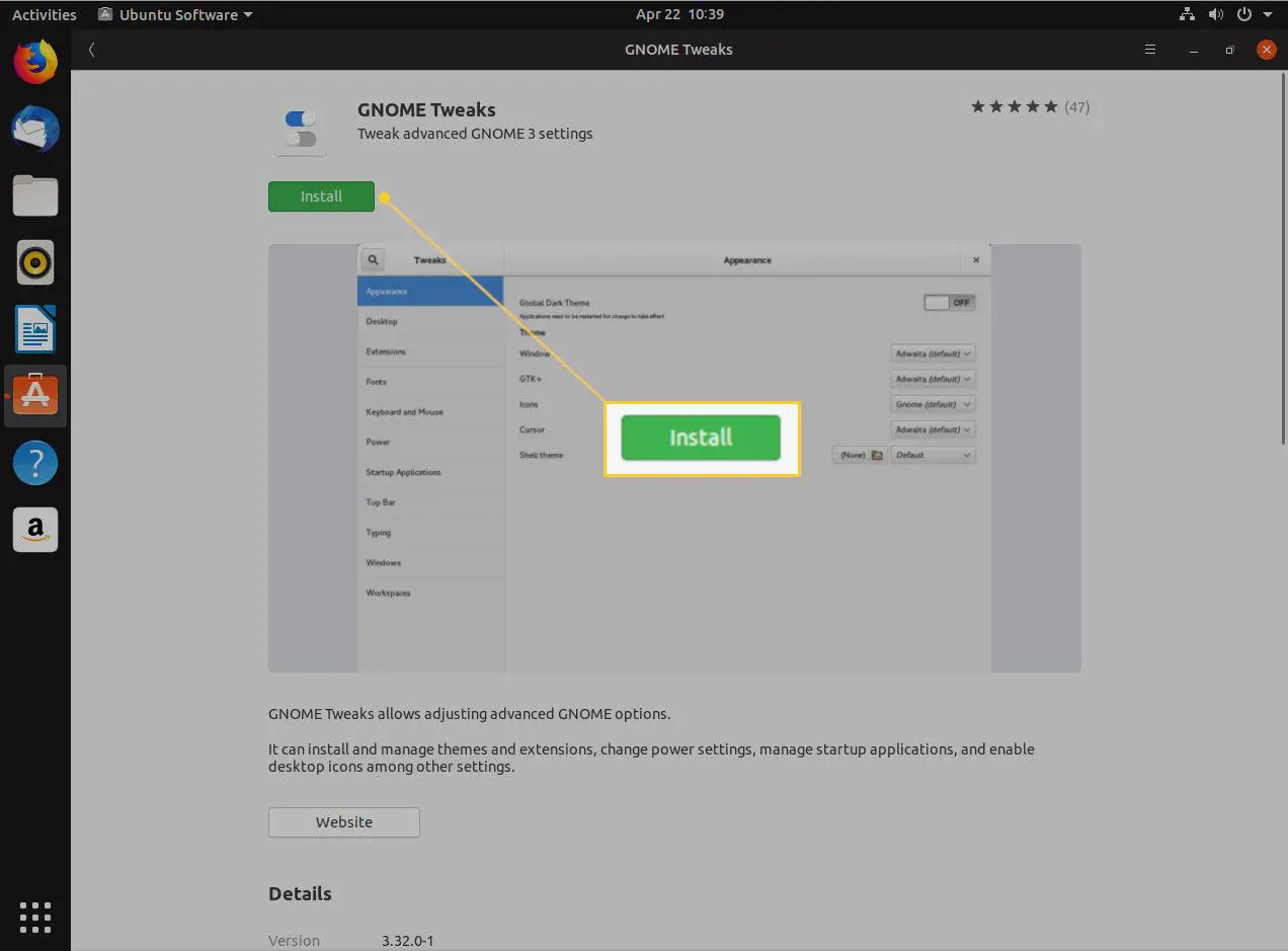 Captura de tela da instalação do GNOME Tweaks.