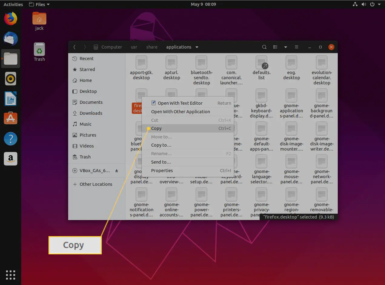 Captura de tela da cópia do inicializador de dentro do Nautilus.
