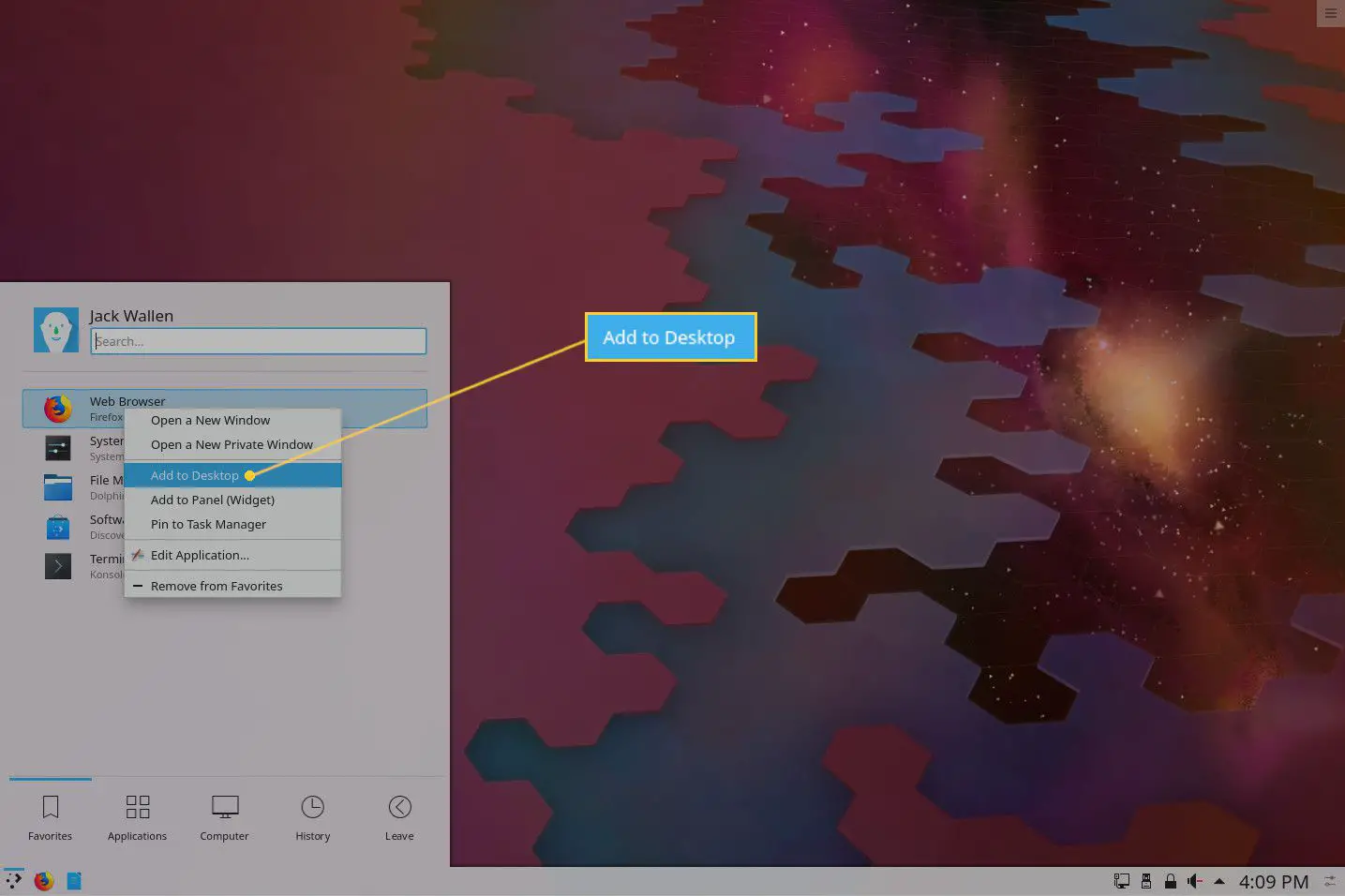 Captura de tela da adição de um inicializador no KDE Plasma.
