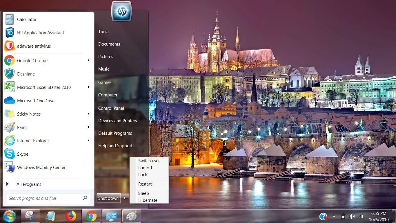 Captura de tela mostrando Desligar no menu Iniciar do Windows 7
