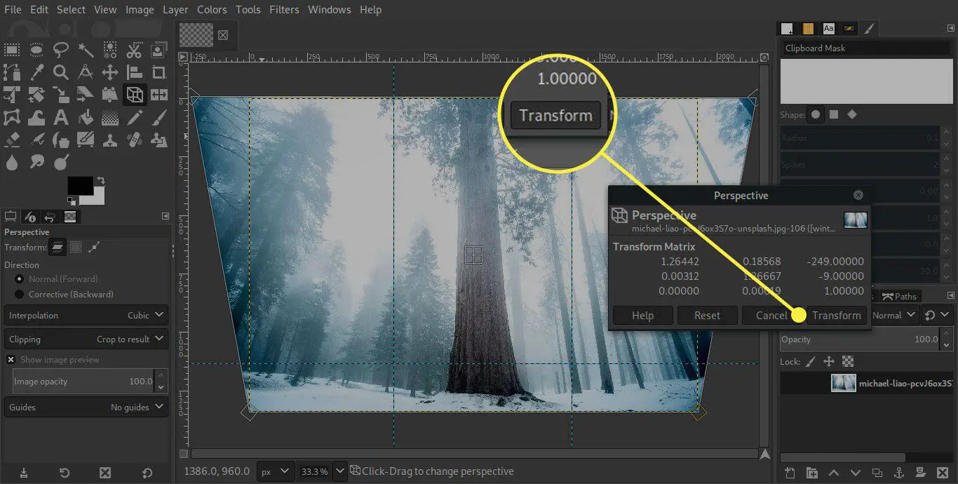Uma captura de tela do GIMP com o botão Transform destacado