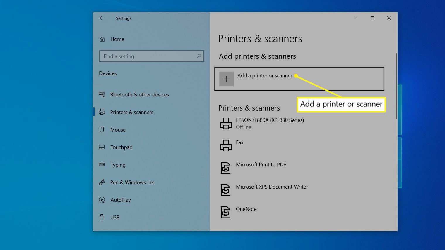 Tela de impressoras e scanners com Adicionar uma impressora ou scanner destacado