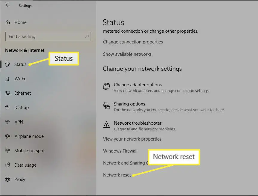 Configurações de rede e status da Internet no Windows 10