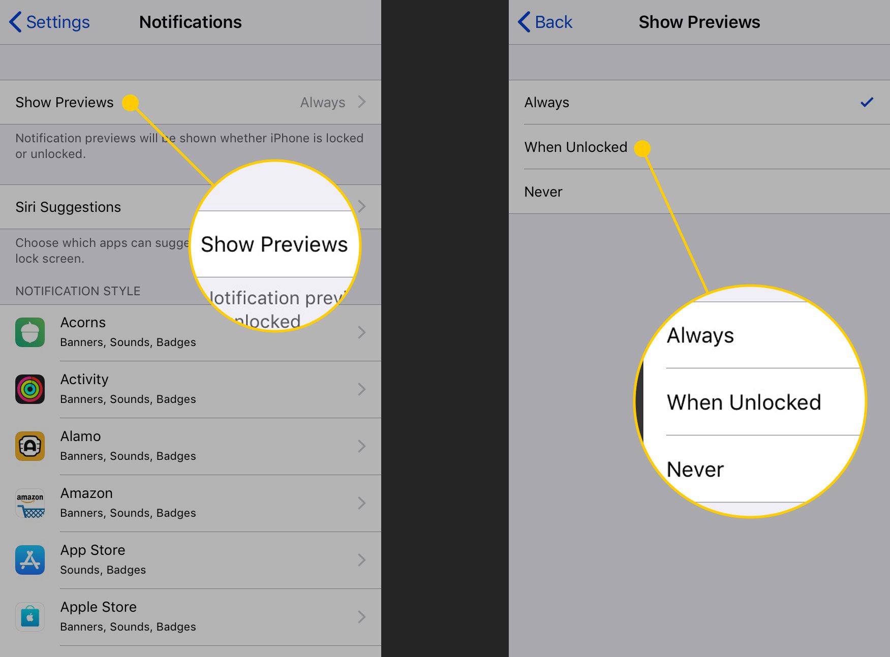 Mostrar configurações e opções de visualizações em um iPhone