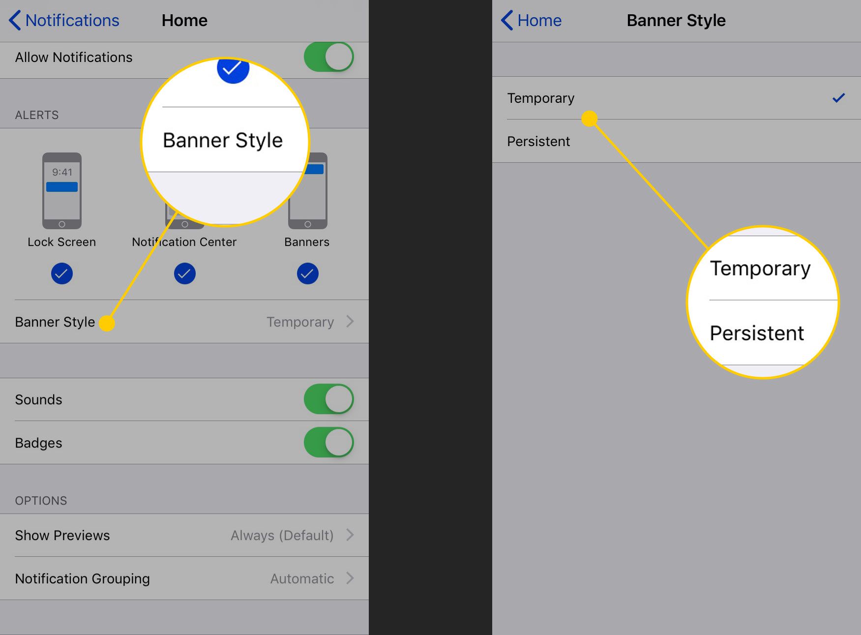 Configuração e opções de estilo de banner em um iPhone