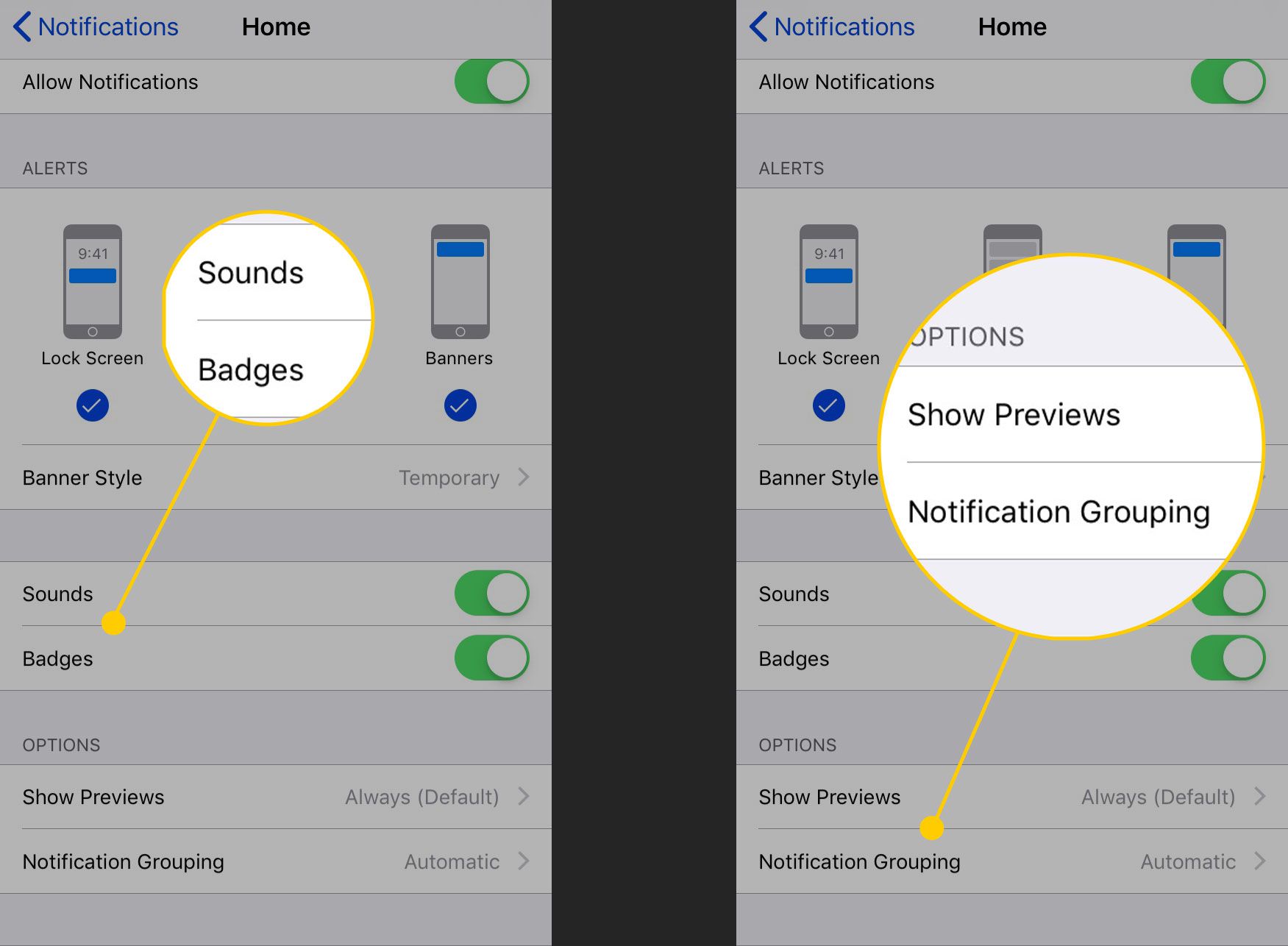Sons, emblemas, mostrar visualizações e agrupamento de notificações nas configurações de notificações em um iPhone