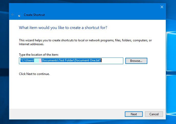 Caminho do item para criar atalho na área de trabalho no Windows 10