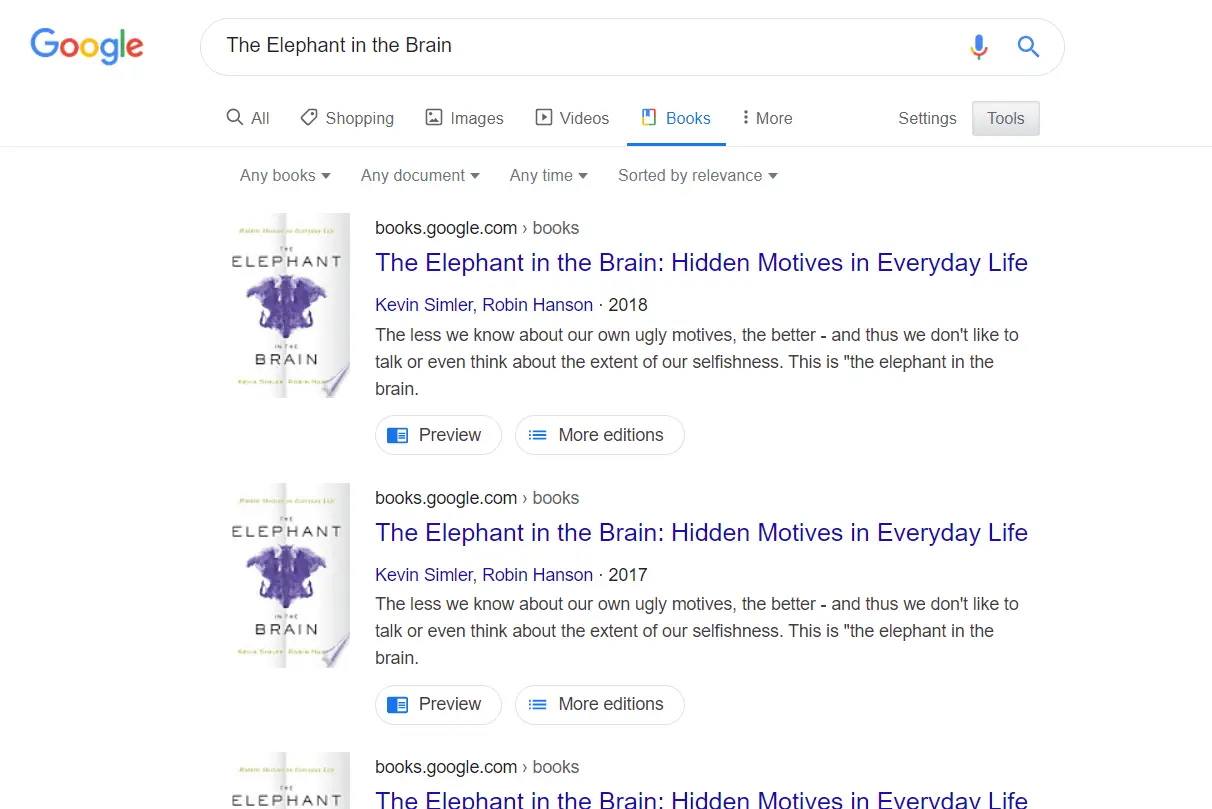Captura de tela de uma pesquisa no Google Livros sobre o elefante no cérebro