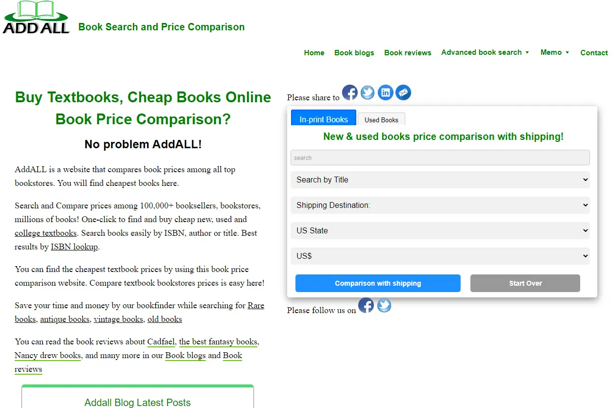 Captura de tela do site de pesquisa de livros AddALL