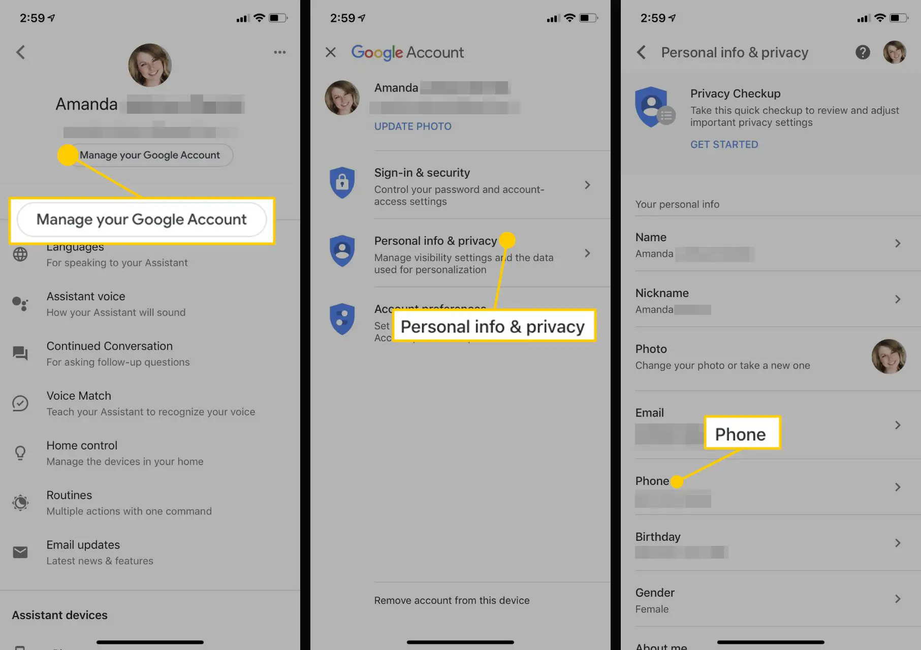 Capturas de tela mostrando como tornar seu número de telefone visível para o Google Home no iPhone